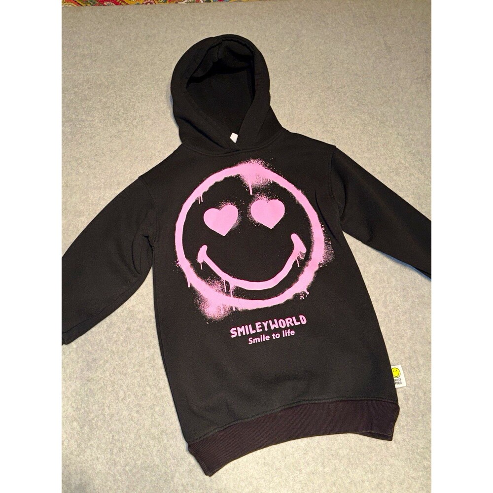 Zara Smiley World Hooded Sweater Dress Girl 8 Black Pink Logo Hoodie Hip-Hop
